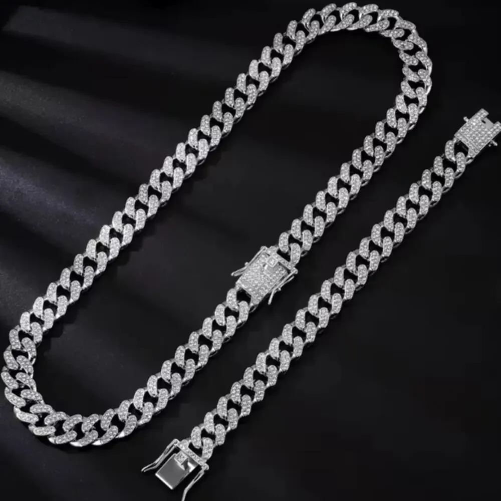 Iced Out Silver Plated Cuban Necklace & Bracelet Set THICK 12mm Miami Bling NEW